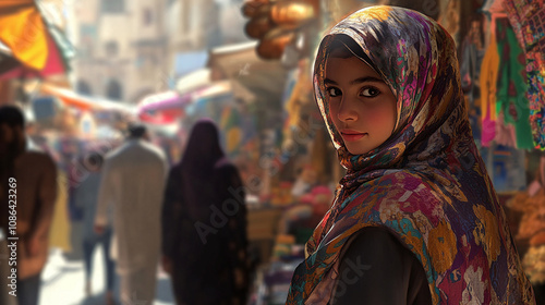 A young Muslim girl in a patterned niqab, exploring a bustling market, with colorful stalls and lively interactions in the background