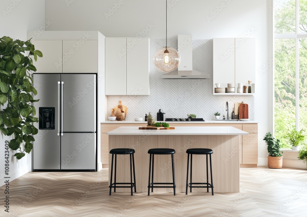 Fototapeta premium Modern kitchen with stainless steel appliances, white cabinets, wooden countertops, an island with three stools, a large window with a view of trees, and a plant in the corner.