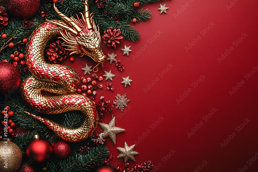 A festive golden dragon ornament entwined with a vibrant red and gold snake, ideal for New Year greeting cards and holiday decorations. A festive golden dragon ornament entwined with a vibrant red and gold snake, ideal for New Year greeting cards and holiday decorations.