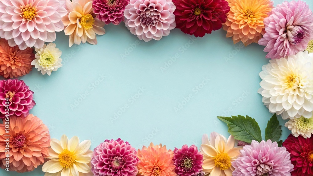 Colorful dahlia flowers in a frame on a soothing blue background with empty space for text or graphics, soft blue backgrounds, copy spaces, framed flowers, dahlia flowers, colorful blooms Colorful dahlia flowers in a frame on a soothing blue background with empty space for text or graphics, soft blue backgrounds, copy spaces, framed flowers, dahlia flowers, colorful blooms