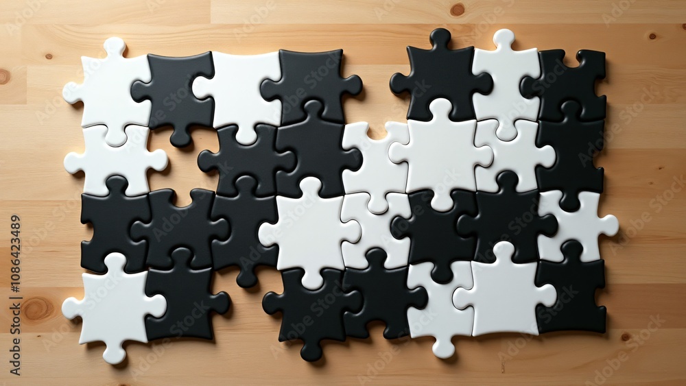 Naklejka premium Checkerboard arrangement of black and white puzzle pieces on a wooden table. Symbolizes balance, logic, and problem-solving concepts. Perfect for strategy, creativity, and teamwork themes. 
