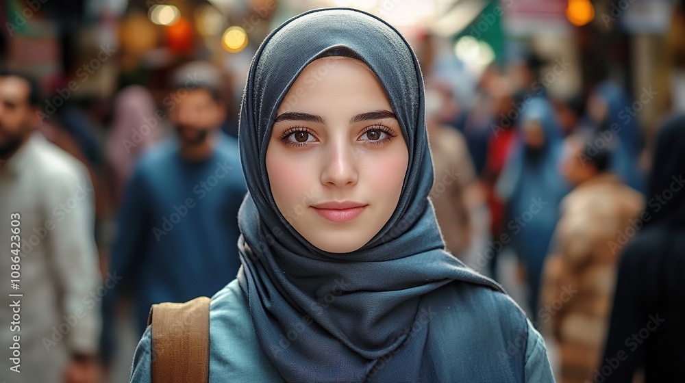 A portrait of an attractive young woman wearing a hijab, standing in the middle of a crowded street with people around her A portrait of an attractive young woman wearing a hijab, standing in the middle of a crowded street with people around her