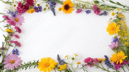 Colorful wildflowers forming a square frame on a bright white surface creating an eye-catching and visually appealing scene, artistic composition, nature's beauty