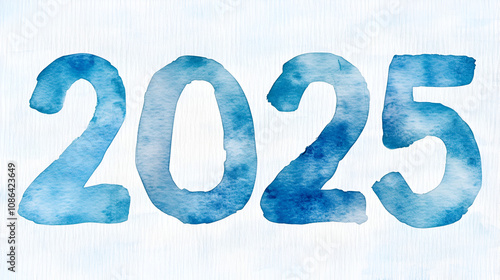 Creative Blue Watercolor "2025" Text on Happy New Year Banner