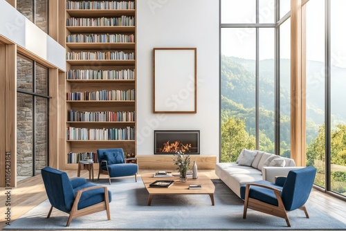 Modern living room with fireplace, bookshelf, and large windows overlooking a mountain view.