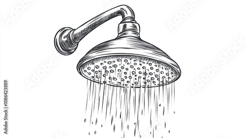 Hand-drawn Illustration of a Showerhead with Water Flowing photo