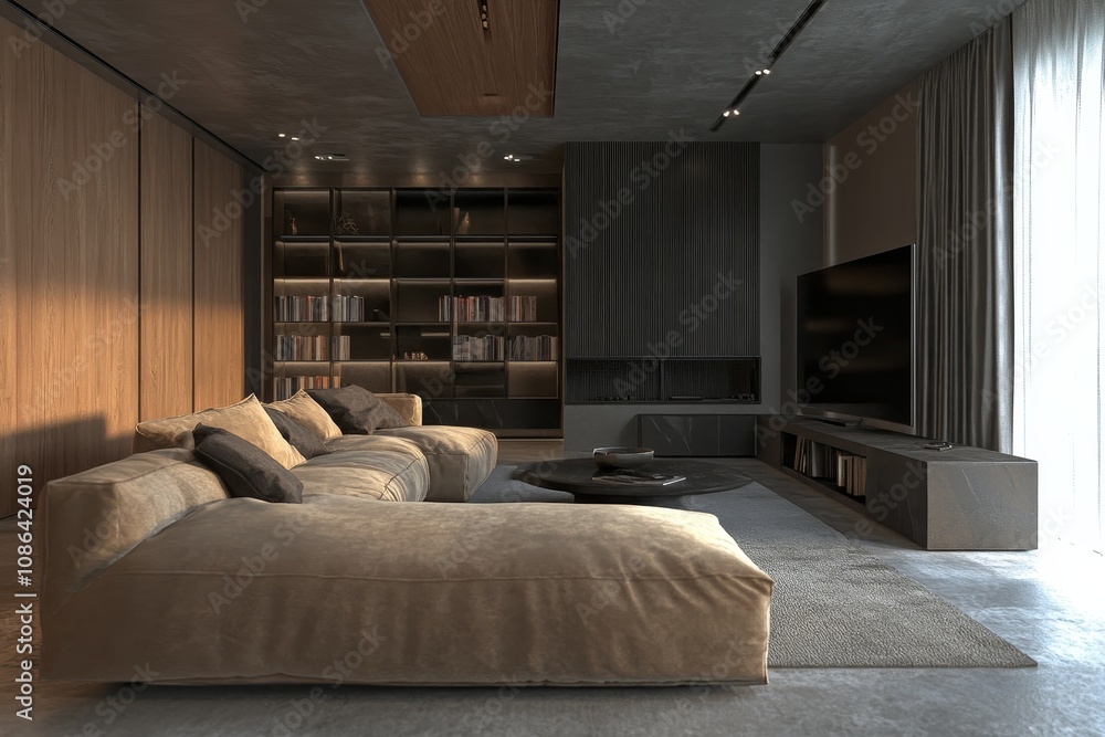 A modern living room with a large sectional sofa, a fireplace, a TV, and a bookshelf. A modern living room with a large sectional sofa, a fireplace, a TV, and a bookshelf.