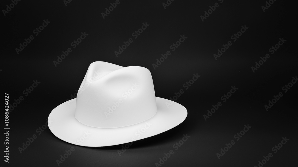 White Fedora Hat on Black Background: A simple yet elegant white fedora hat rests on a stark black backdrop, showcasing its classic design and timeless appeal. White Fedora Hat on Black Background: A simple yet elegant white fedora hat rests on a stark black backdrop, showcasing its classic design and timeless appeal.