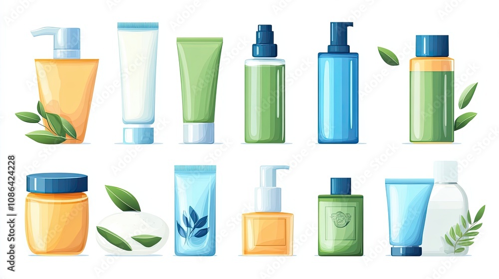 Collection of Various Cosmetic Bottles and Tubes with Green Leaves Collection of Various Cosmetic Bottles and Tubes with Green Leaves
