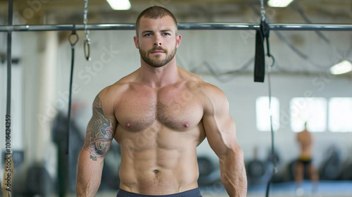 Muscular Man in Gym: A fit,...
