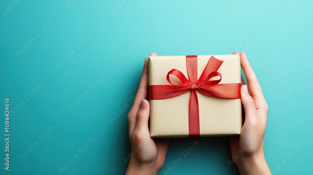 Young Employee Celebrating a Special Occasion While Receiving a Thoughtful Gift Box Wrapped with a Red Ribbon Against a Bright Turquoise Background Young Employee Celebrating a Special Occasion While Receiving a Thoughtful Gift Box Wrapped with a Red Ribbon Against a Bright Turquoise Background