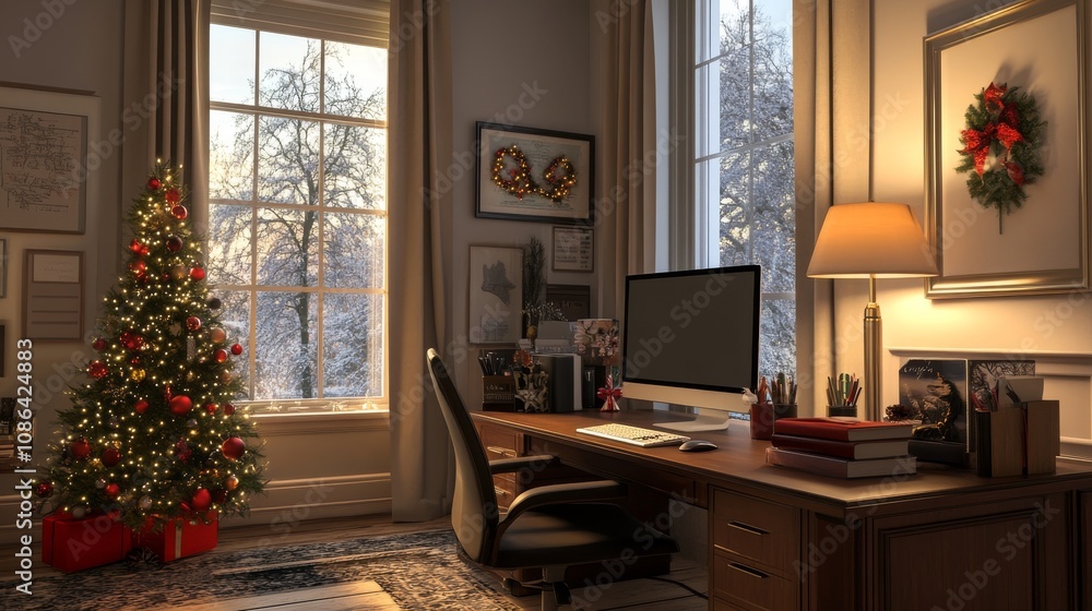 Fototapeta premium Home office with subtle Christmas decorations,
