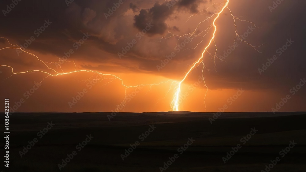 Electric yellow bolts flash across the darkening sky illuminating the terrain and landscape with a brilliant piercing light, , terrain Electric yellow bolts flash across the darkening sky illuminating the terrain and landscape with a brilliant piercing light, , terrain