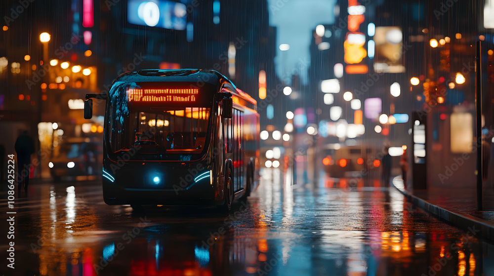 Obraz premium Futuristic electric bus driving through rainy neon-lit modern cityscape at night