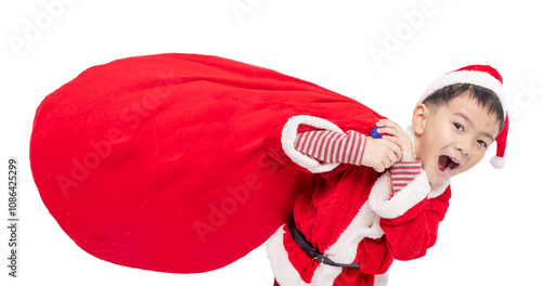 Little Kid Dressed as Santa Carrying Bag Full of Gifts