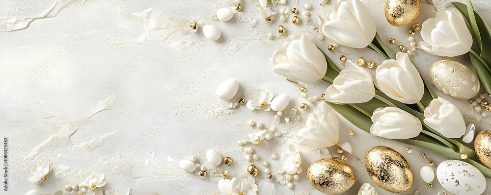 Flat lay of white tulips and gold Easter eggs on minimalist light gray background Flat lay of white tulips and gold Easter eggs on minimalist light gray background
