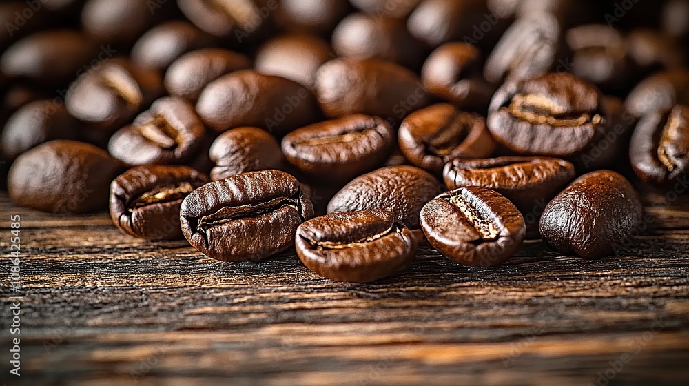 Fototapeta premium A close-up of coffee beans on a wooden table, showcasing their rich color and texture. The image is created using photo-realistic techniques