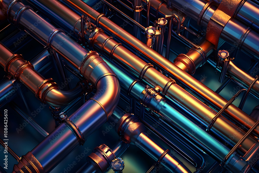 Close-up of colorful industrial pipes in ceiling-mounted system with vintage style Close-up of colorful industrial pipes in ceiling-mounted system with vintage style