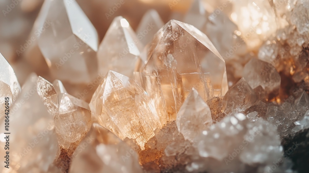 Close-up of sparkling quartz crystals with light reflections. Close-up of sparkling quartz crystals with light reflections.