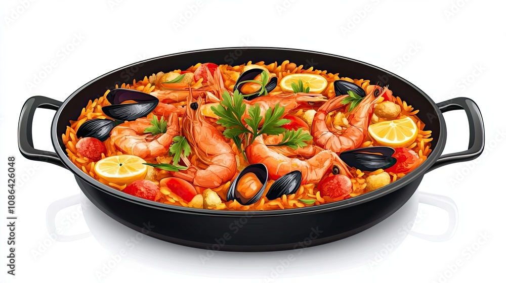 A Paella Dish with Shrimp, Mussels, Lemon Wedges, and Parsley A Paella Dish with Shrimp, Mussels, Lemon Wedges, and Parsley