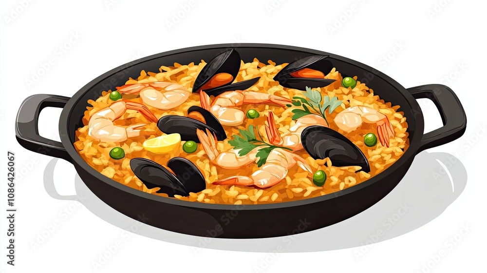 A Pan of Seafood Paella with Shrimp, Mussels, and Peas A Pan of Seafood Paella with Shrimp, Mussels, and Peas