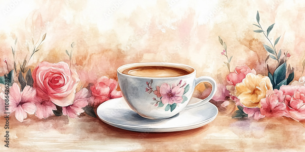 Fototapeta premium A delicate watercolor painting featuring a cup of tea