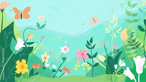 Spring Green Nature Cute Background - A Delightful Display of the Season's Charm. The Lush Greenery of Spring, with Tender Shoots and Blossoming Flowers
