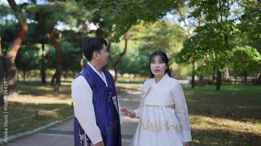 A Korean couple, a man in his 30s holding a woman in her 20s, at a historical park in Seoul, South Korea. slow motion.