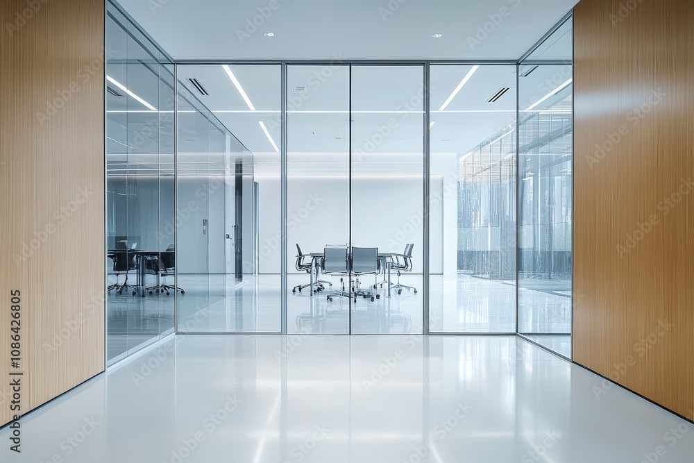 A view through glass doors into a modern office space with two conference rooms. The rooms are furnished with tables and chairs and have a sleek, minimalist design. A view through glass doors into a modern office space with two conference rooms. The rooms are furnished with tables and chairs and have a sleek, minimalist design.
