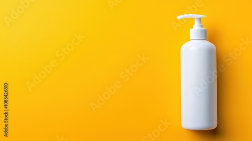 Organic Cosmetic Cleanser in a Sleek White Pump Bottle on a Bright Yellow Background for Skincare and Beauty Product Display