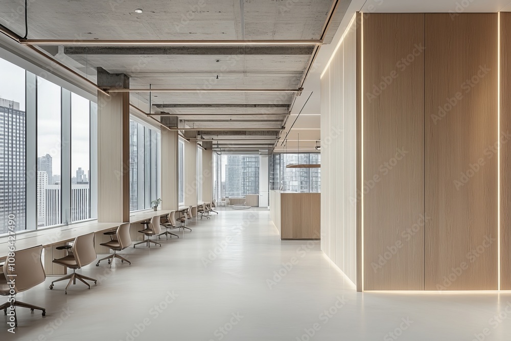 Fototapeta premium A modern office interior with large windows overlooking a city skyline. The space features light wood paneling, a long desk with chairs, and white walls.