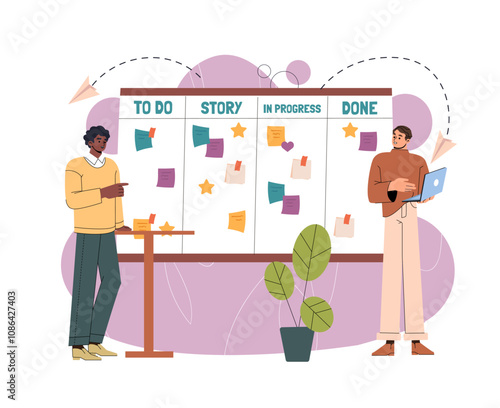 People with kanban. Men near board with to do list. Organizing effective work process, planning and setting goals. Time management and distribution of responsibilities. Flat vector illustration