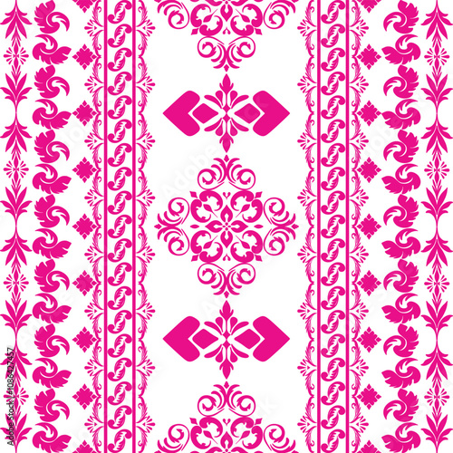 Pink Damask Pattern, on white background, delicate and intricate damask pattern in pink hues creates a seamless background for elegant designs, invitations, and wallpapers.