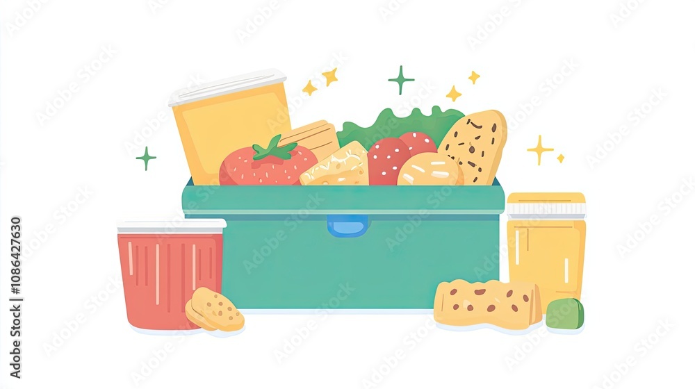 Fototapeta premium Lunchbox Filled with Snacks and Beverages
