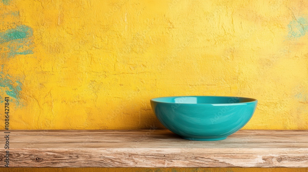 Teal Bowl on Rustic Wooden Table Against Yellow Wall Background Teal Bowl on Rustic Wooden Table Against Yellow Wall Background