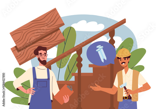 Workers make stairs. Men in uniform with hammer and nails. Handymen install wooden ladder at home. Renovation and repair. Flat vector illustration isolated on white background