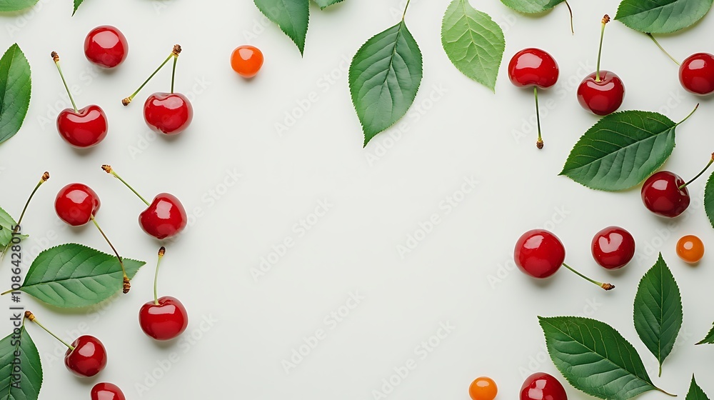 Summertime Cherries and Green Leaves Frame on White Background Summertime Cherries and Green Leaves Frame on White Background
