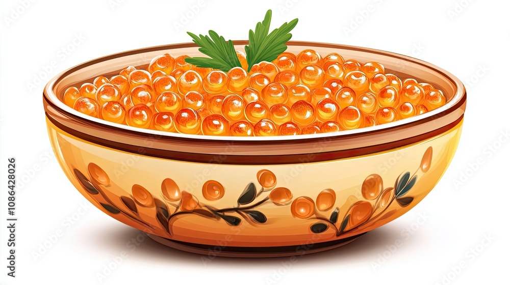 Orange Fish Roe in a Decorative Bowl with a Sprig of Green Herbs Orange Fish Roe in a Decorative Bowl with a Sprig of Green Herbs