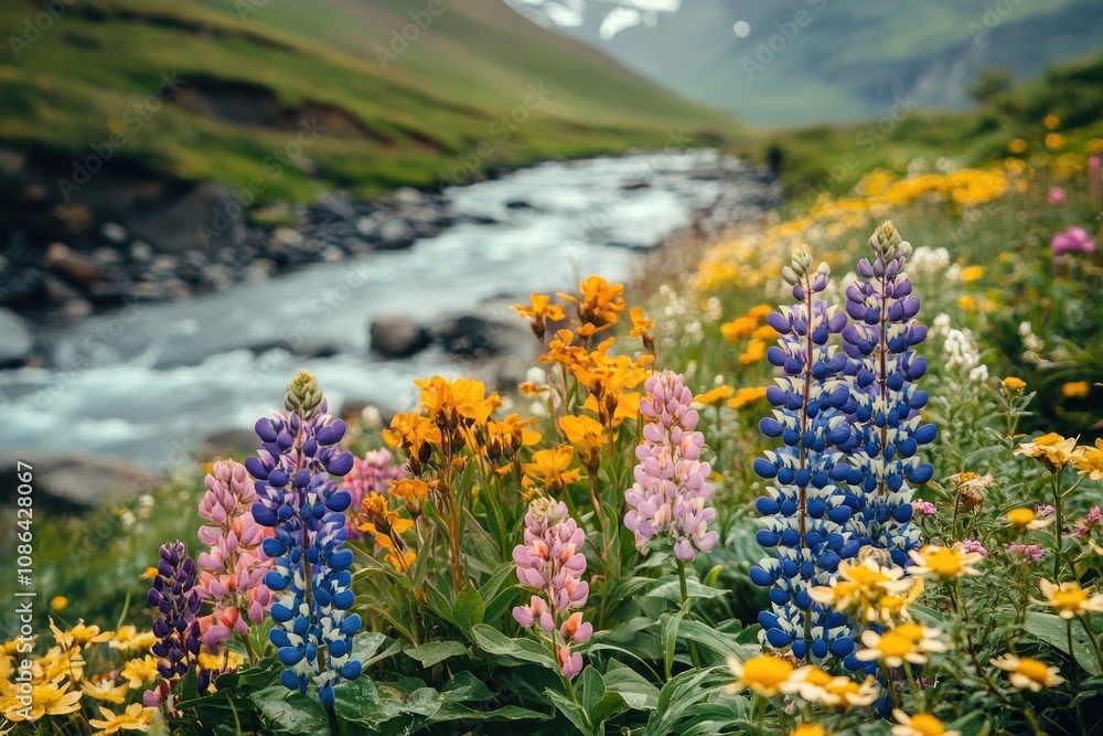Obraz premium Vibrant Wildflowers Blooming by a Mountain Stream