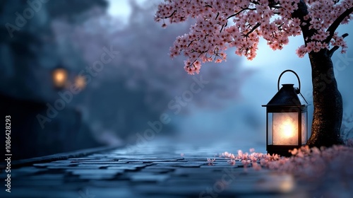 Blooming sakura tree by a misty path, soft petals and glowing lantern, calm twilight atmosphere, poetic and delicate, nature s elegance in spring photo