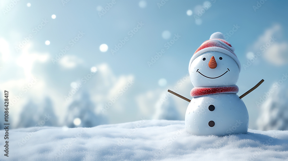 Obraz premium Snowman in snow with copy space, Christmas banner illustration.