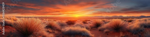 Australian desert landscape with iconic spinifex grasses under a fiery sunset ,