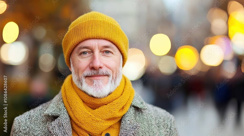 Smiling Senior Man in Yellow Winter Hat and Scarf City Lights Bokeh Background Smiling Senior Man in Yellow Winter Hat and Scarf City Lights Bokeh Background