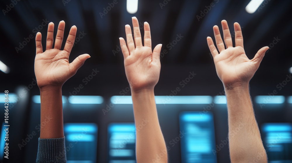 Diverse raised hands showing unity and participation in modern office space Diverse raised hands showing unity and participation in modern office space