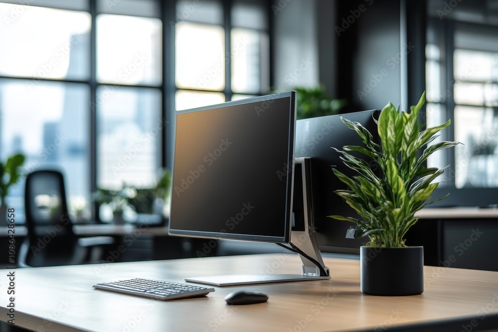 Modern office desk with a computer, keyboard, mouse and a plant. Modern office desk with a computer, keyboard, mouse and a plant.