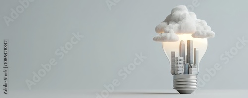 Futuristic city within a light bulb, soft ambient glow, miniature skyscrapers, surreal clouds, concept of contained urbanization, unique fantasy landscape