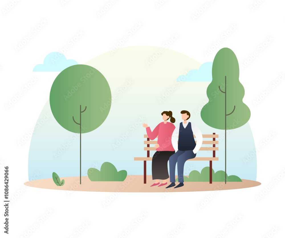 Park Activities Character Illustration Couple Sitting on Bench Park Activities Character Illustration Couple Sitting on Bench