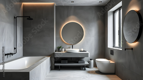 A modern, minimalist bathroom with a freestanding bathtub, a walk-in shower, and a sleek design. photo