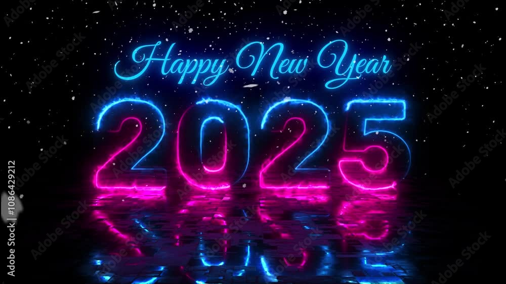 Happy new year 2025 cosmic bright red blue neon lights, illuminating text and numbers with snow falling animation Happy new year 2025 cosmic bright red blue neon lights, illuminating text and numbers with snow falling animation
