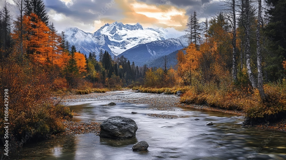 Peaceful forest stream with snow-capped mountains in the background, glowing autumn foliage, soft lighting, whimsical nature scene, painterly feel Peaceful forest stream with snow-capped mountains in the background, glowing autumn foliage, soft lighting, whimsical nature scene, painterly feel